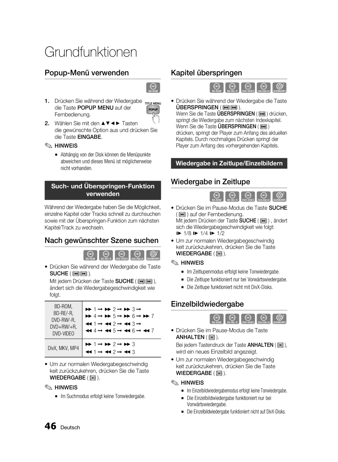 Samsung BD-C6900/XAA Popup-Menü verwenden, Nach gewünschter Szene suchen, Kapitel überspringen, Wiedergabe in Zeitlupe 