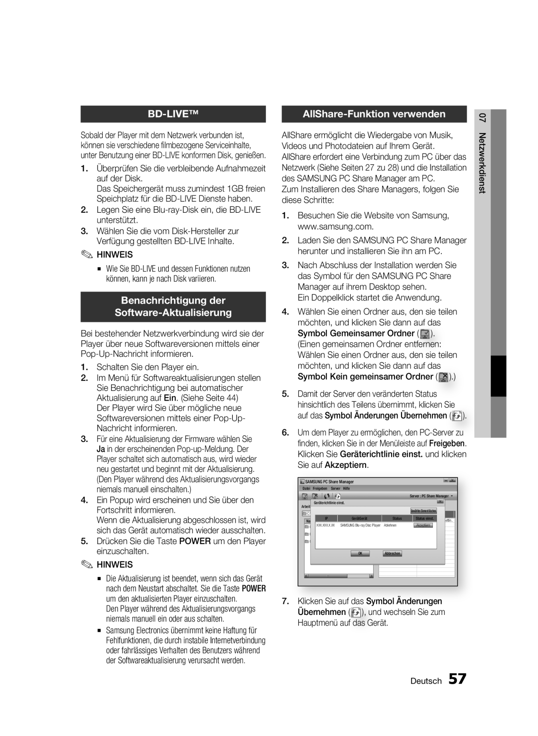 Samsung BD-C6900/XEF, BD-C6900/EDC, BD-C6900/XEN Benachrichtigung der Software-Aktualisierung, AllShare-Funktion verwenden 