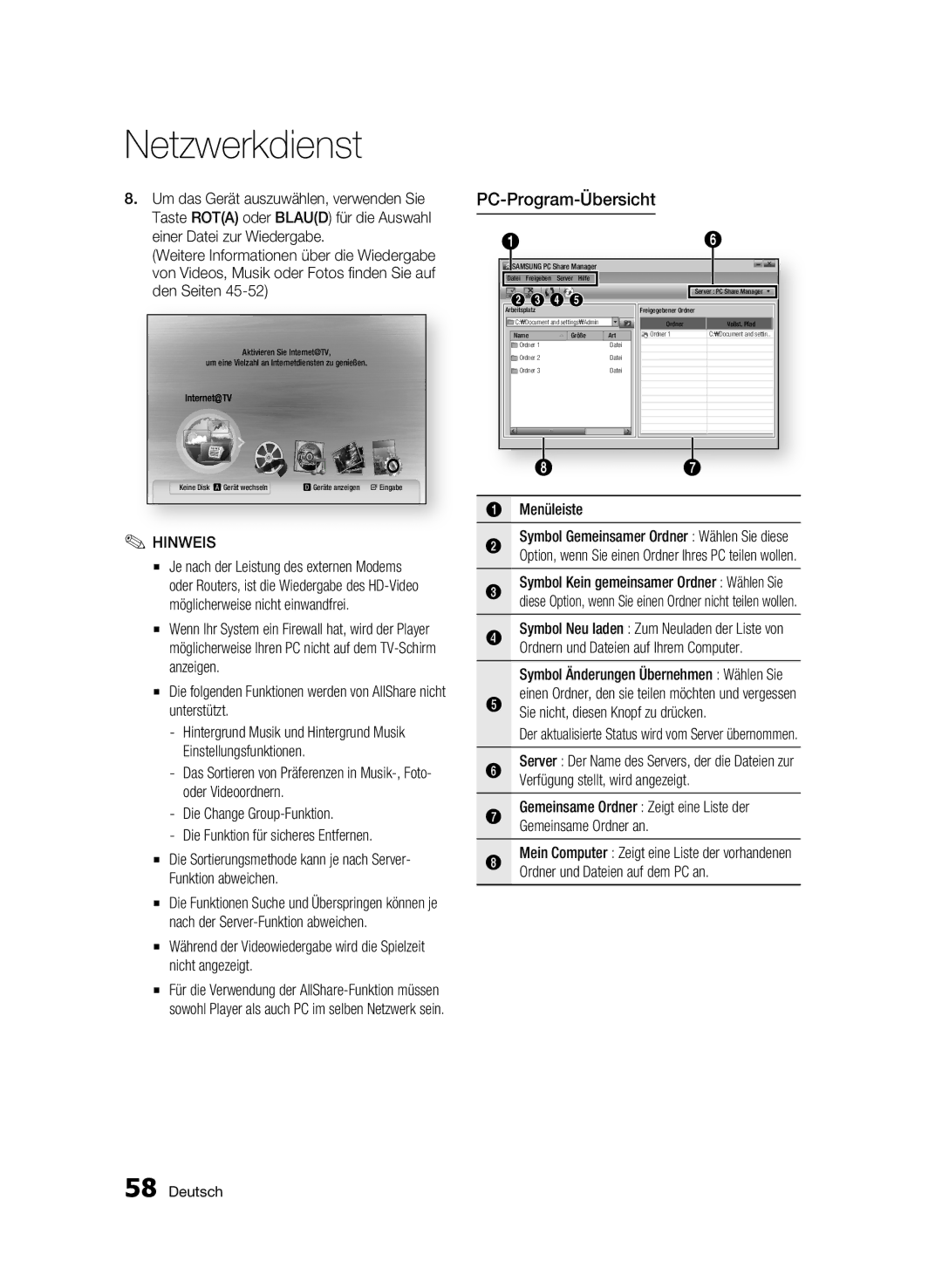 Samsung BD-C6900/XEE, BD-C6900/EDC manual PC-Program-Übersicht, Menüleiste Symbol Gemeinsamer Ordner Wählen Sie diese 