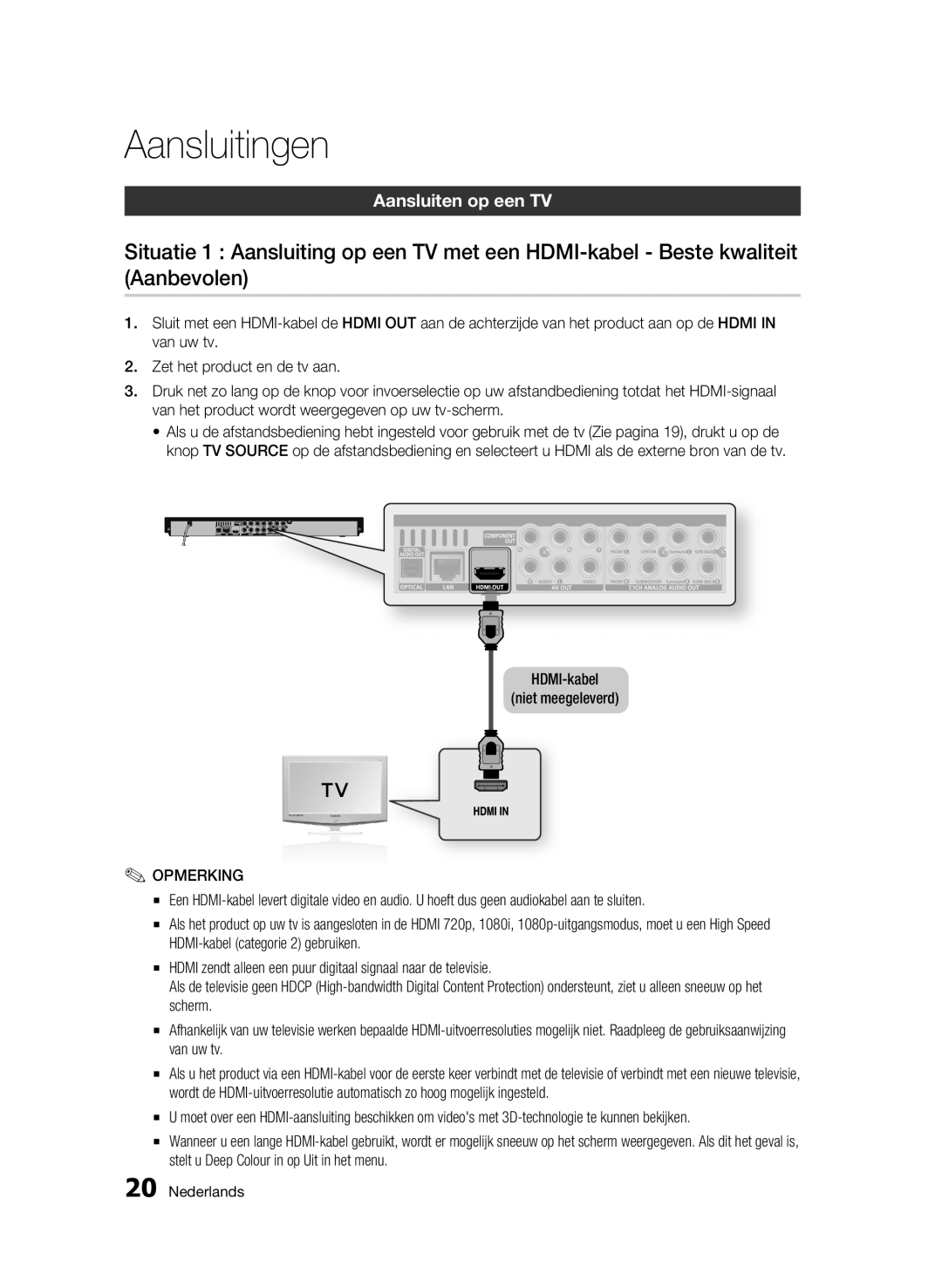 Samsung BD-C6900/XEE, BD-C6900/EDC, BD-C6900/XEN manual Aansluitingen, Aansluiten op een TV, HDMI-kabel Niet meegeleverd 