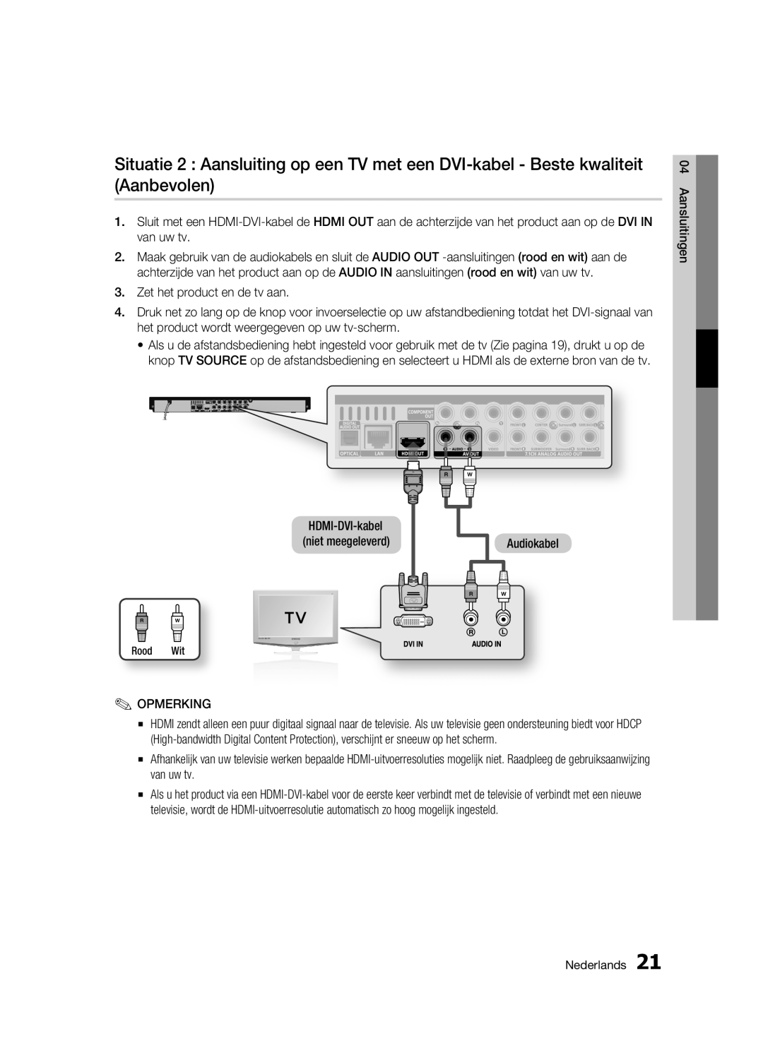 Samsung BD-C6900/EDC, BD-C6900/XEN, BD-C6900/XAA, BD-C6900/XEF manual Audiokabel, HDMI-DVI-kabel niet meegeleverd Rood Wit 