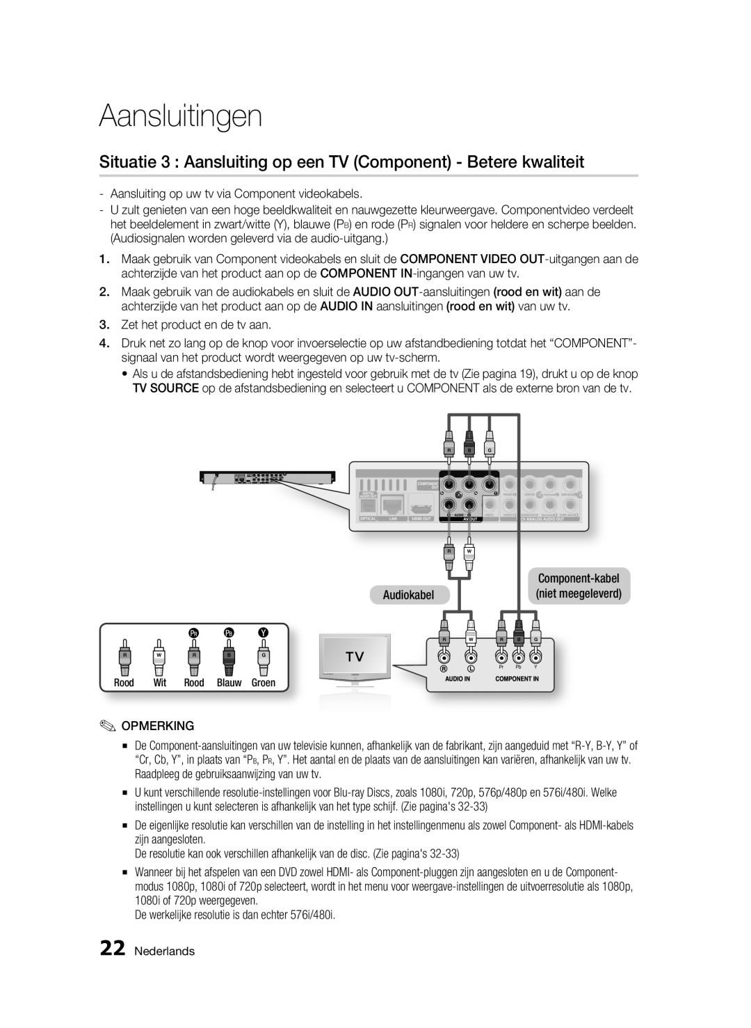 Samsung BD-C6900/XEN, BD-C6900/EDC, BD-C6900/XAA, BD-C6900/XEF Situatie 3 Aansluiting op een TV Component Betere kwaliteit 