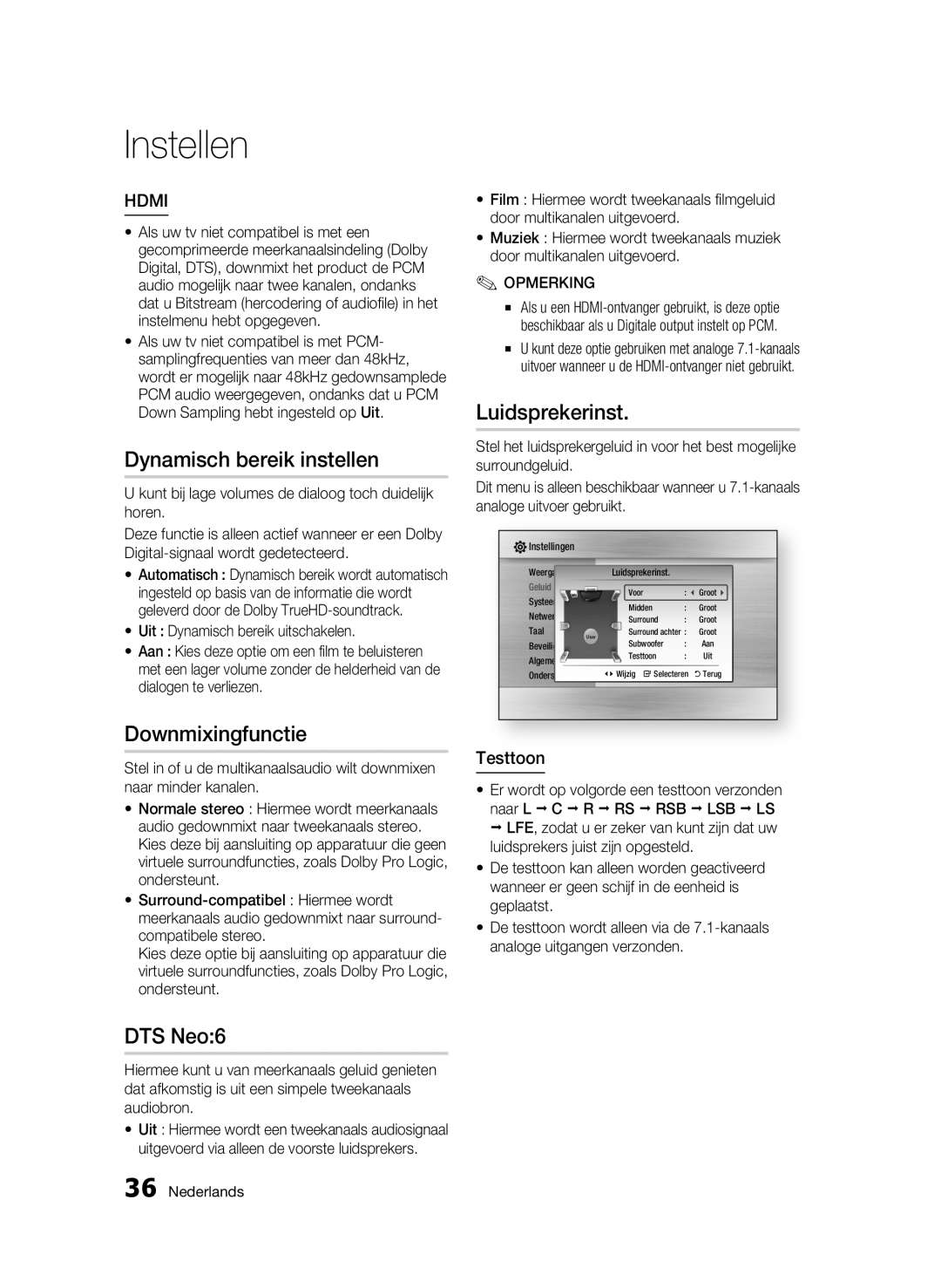 Samsung BD-C6900/EDC, BD-C6900/XEN, BD-C6900/XAA Dynamisch bereik instellen, Luidsprekerinst, Downmixingfunctie, Testtoon 