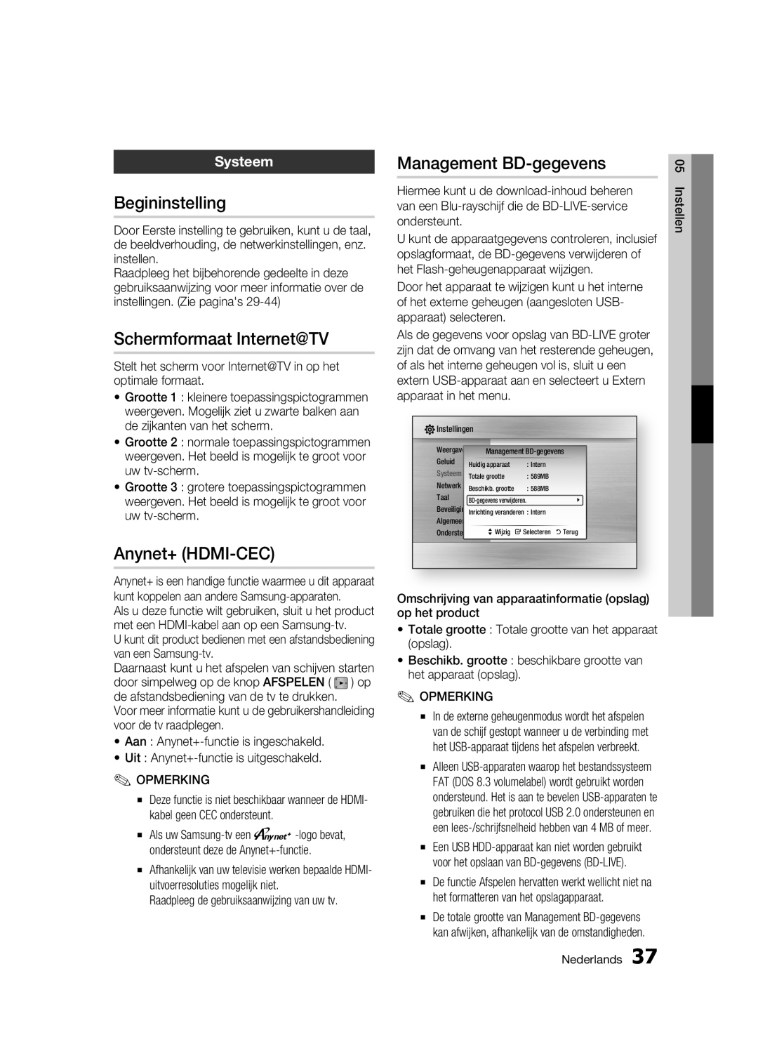 Samsung BD-C6900/XEN manual Begininstelling, Schermformaat Internet@TV, Management BD-gegevens, Systeem, Uw tv-scherm 