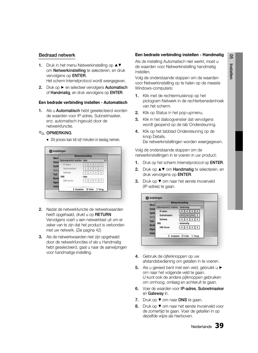 Samsung BD-C6900/XEF manual Bedraad netwerk, Klik op Status in het pop-upmenu, De netwerkinstellingen worden weergegeven 