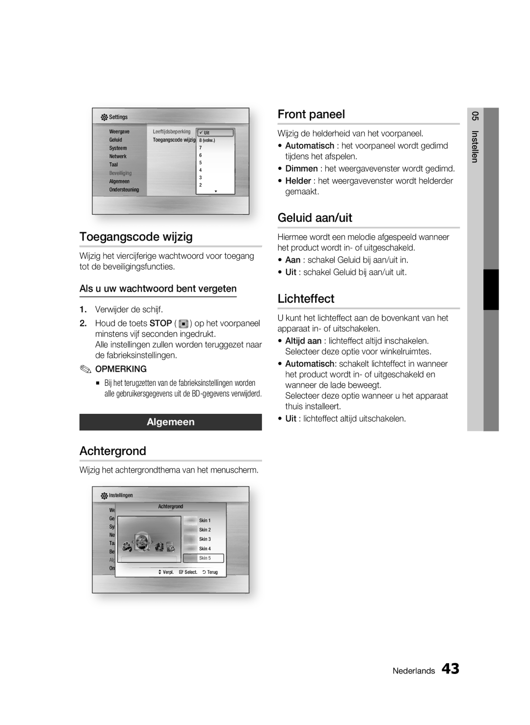 Samsung BD-C6900/XAA, BD-C6900/EDC manual Toegangscode wijzig, Achtergrond, Front paneel, Geluid aan/uit, Lichteffect 