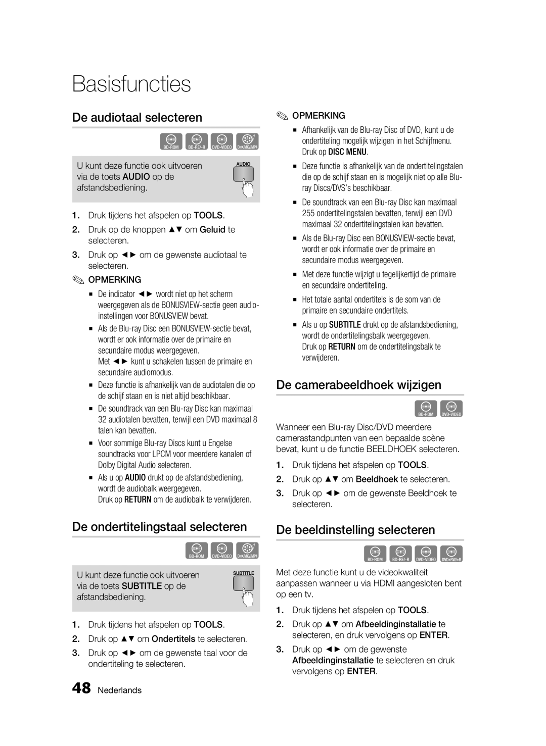 Samsung BD-C6900/XAA, BD-C6900/EDC De audiotaal selecteren, De camerabeeldhoek wijzigen, De ondertitelingstaal selecteren 