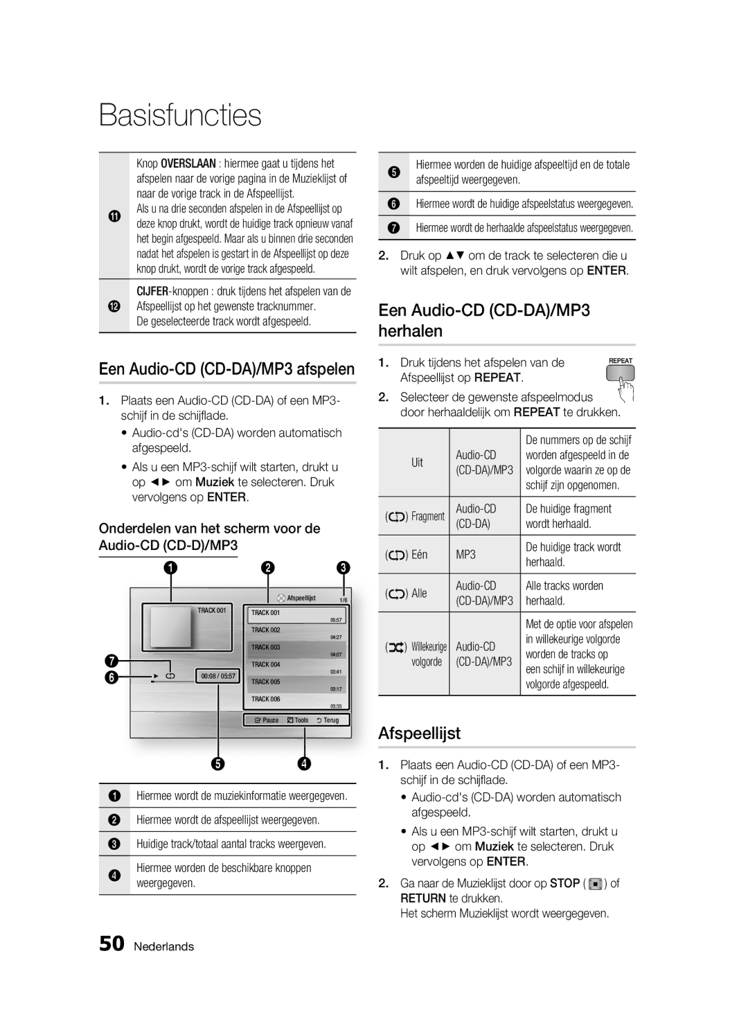 Samsung BD-C6900/XEE Een Audio-CD CD-DA/MP3 herhalen, Afspeellijst, Onderdelen van het scherm voor de Audio-CD CD-D/MP3 