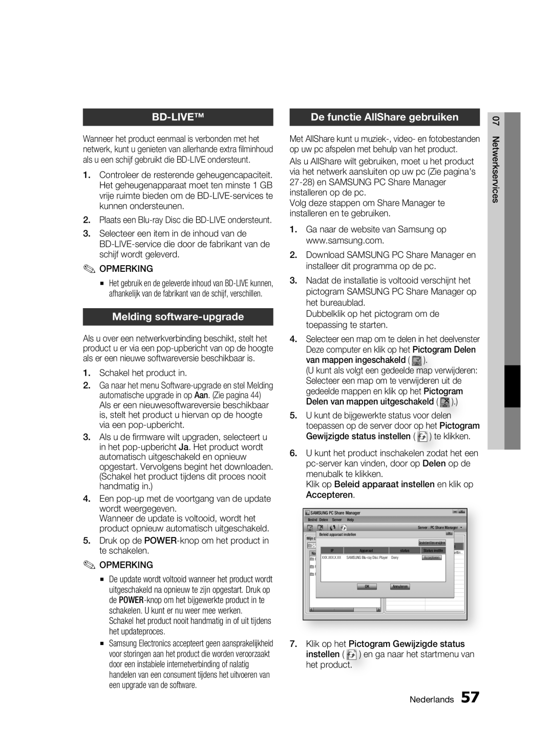 Samsung BD-C6900/XEN Melding software-upgrade, De functie AllShare gebruiken, Schakel het product, Van mappen ingeschakeld 