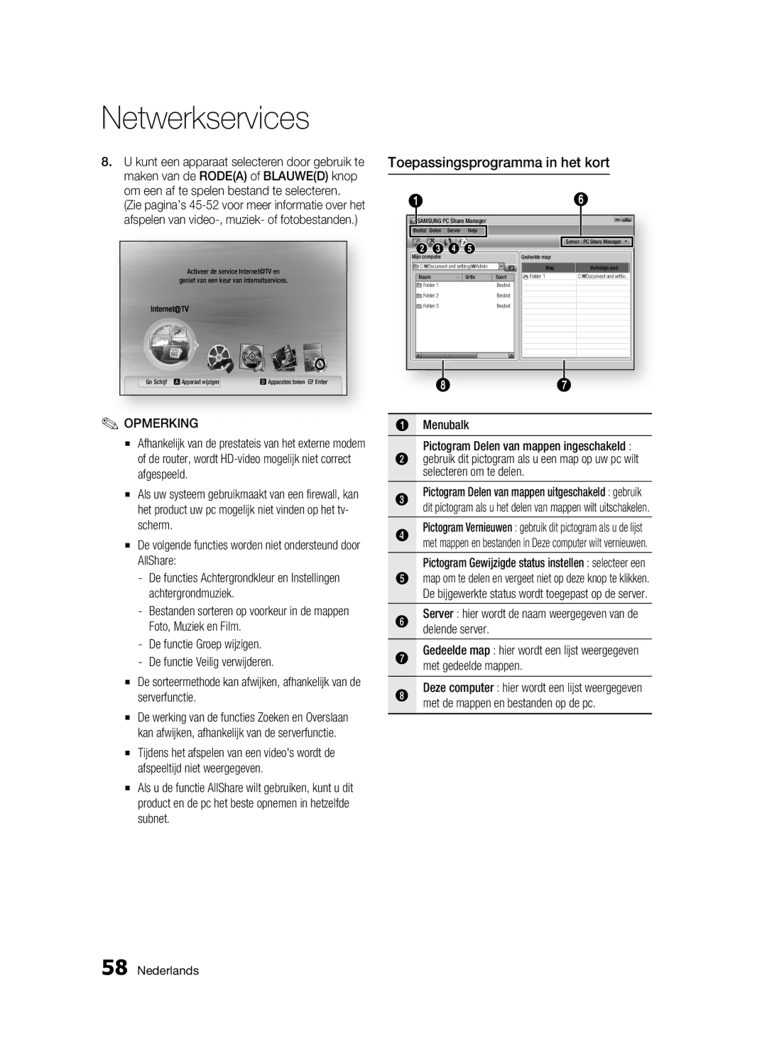 Samsung BD-C6900/XAA, BD-C6900/EDC manual Toepassingsprogramma in het kort, Pictogram Delen van mappen uitgeschakeld gebruik 