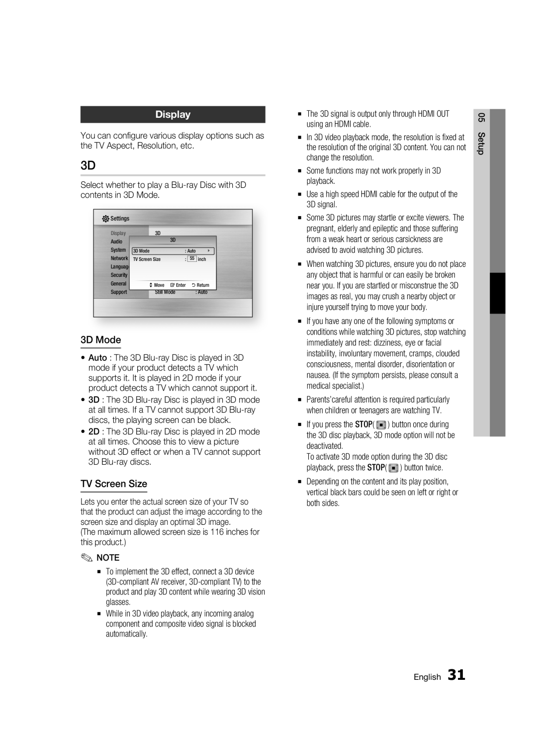 Samsung BD-C6900/XEN manual Display, 3D Mode, TV Screen Size, Maximum allowed screen size is 116 inches for this product 