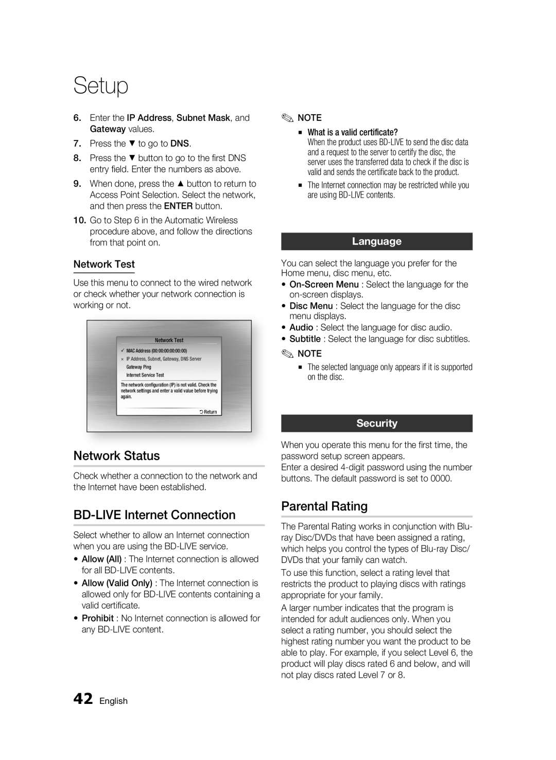 Samsung BD-C6900/XAA, BD-C6900/EDC manual Network Status, BD-LIVE Internet Connection, Parental Rating, Language, Security 