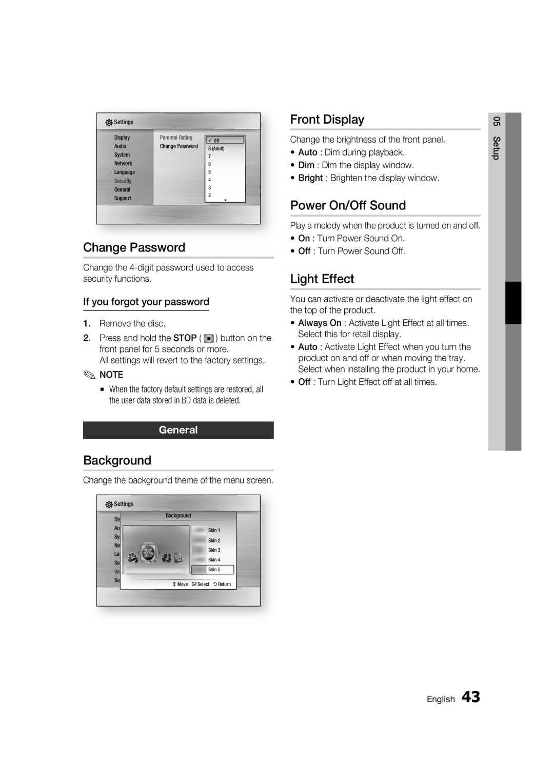 Samsung BD-C6900/XEF, BD-C6900/EDC manual Change Password, Background, Front Display, Power On/Off Sound, Light Effect 