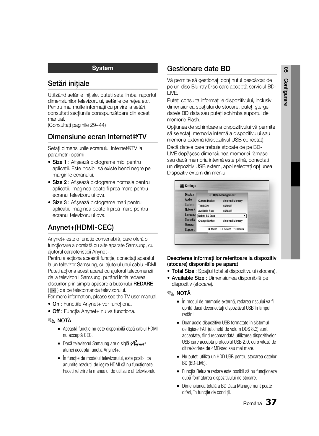 Samsung BD-C6900/EDC manual Setări iniţiale, Dimensiune ecran Internet@TV, Anynet+HDMI-CEC, Gestionare date BD, System 