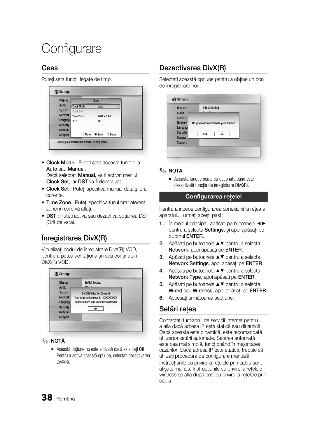 Samsung BD-C6900/EDC manual Ceas, Înregistrarea DivXR, Dezactivarea DivXR, Setări reţea, Configurarea reţelei 