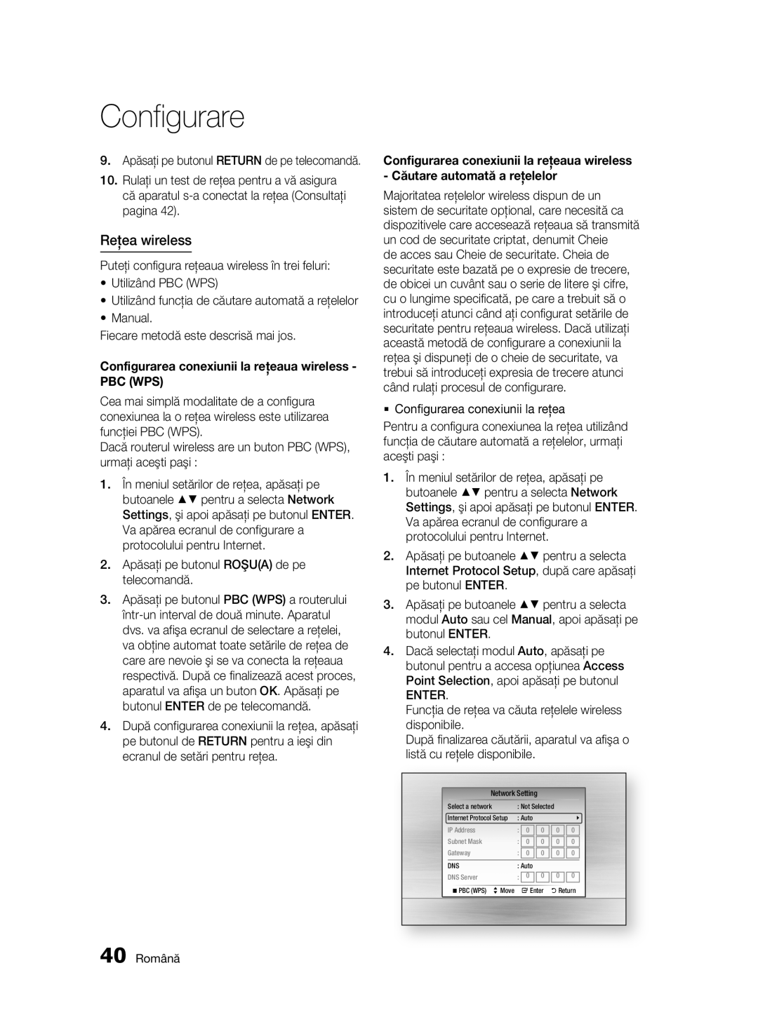 Samsung BD-C6900/EDC manual Reţea wireless, Apăsaţi pe butonul Roşua de pe telecomandă, 40 Română 