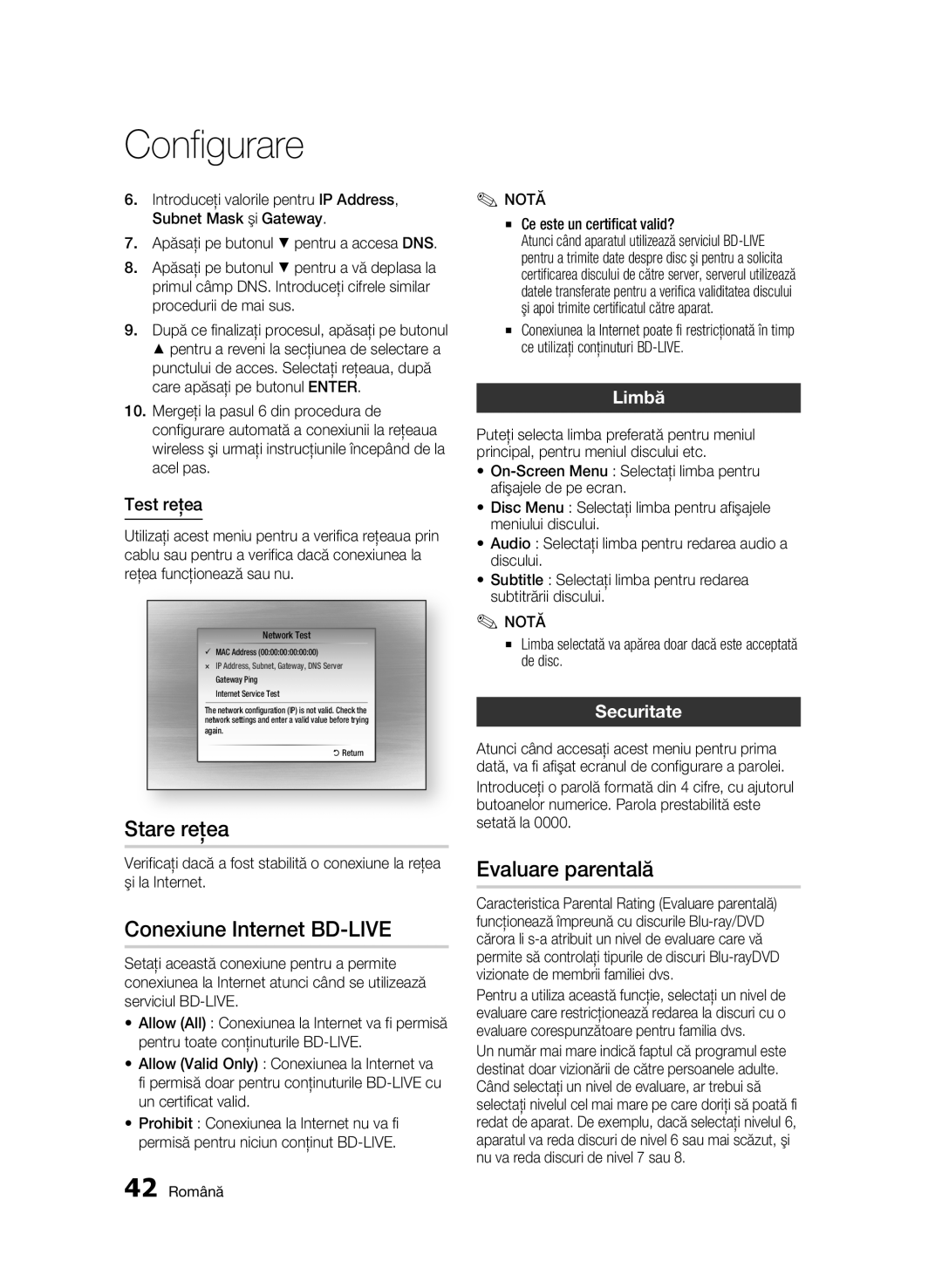 Samsung BD-C6900/EDC manual Stare reţea, Conexiune Internet BD-LIVE, Evaluare parentală, Limbă, Securitate 