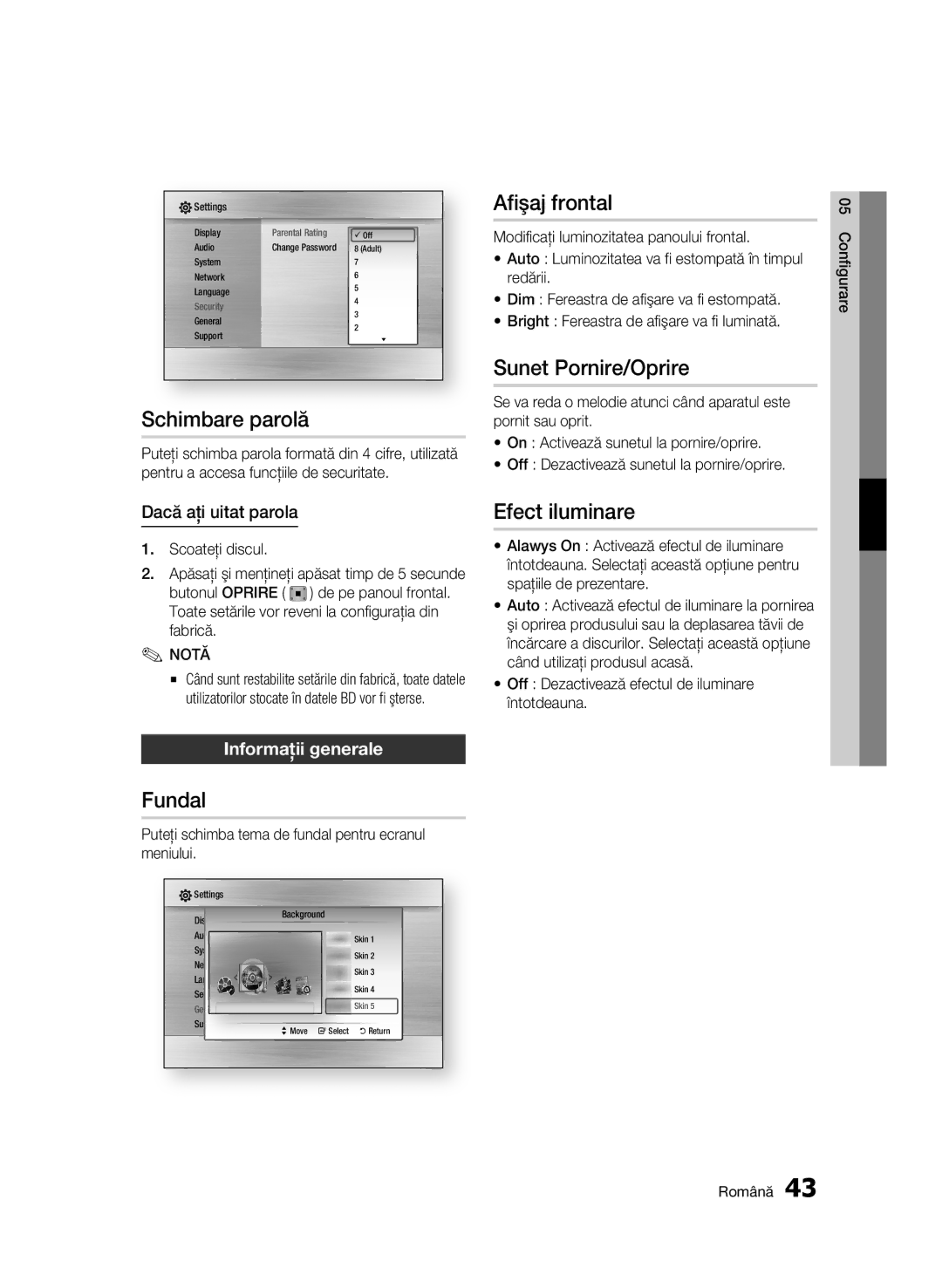 Samsung BD-C6900/EDC manual Schimbare parolă, Afişaj frontal, Sunet Pornire/Oprire, Fundal, Efect iluminare 