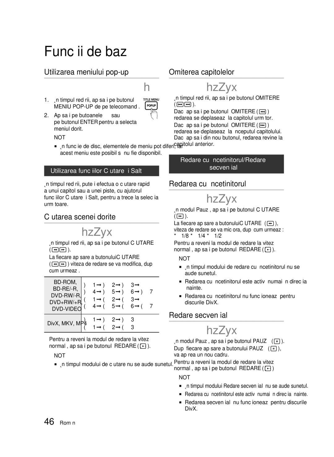 Samsung BD-C6900/EDC Utilizarea meniului pop-up, Căutarea scenei dorite, Omiterea capitolelor, Redarea cu încetinitorul 