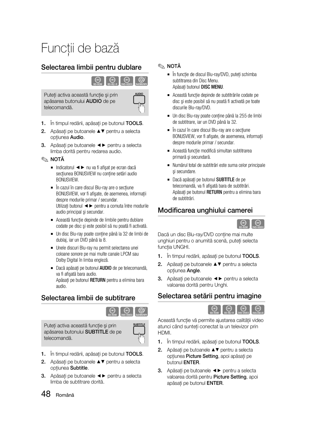 Samsung BD-C6900/EDC Selectarea limbii pentru dublare, Selectarea limbii de subtitrare, Modificarea unghiului camerei 