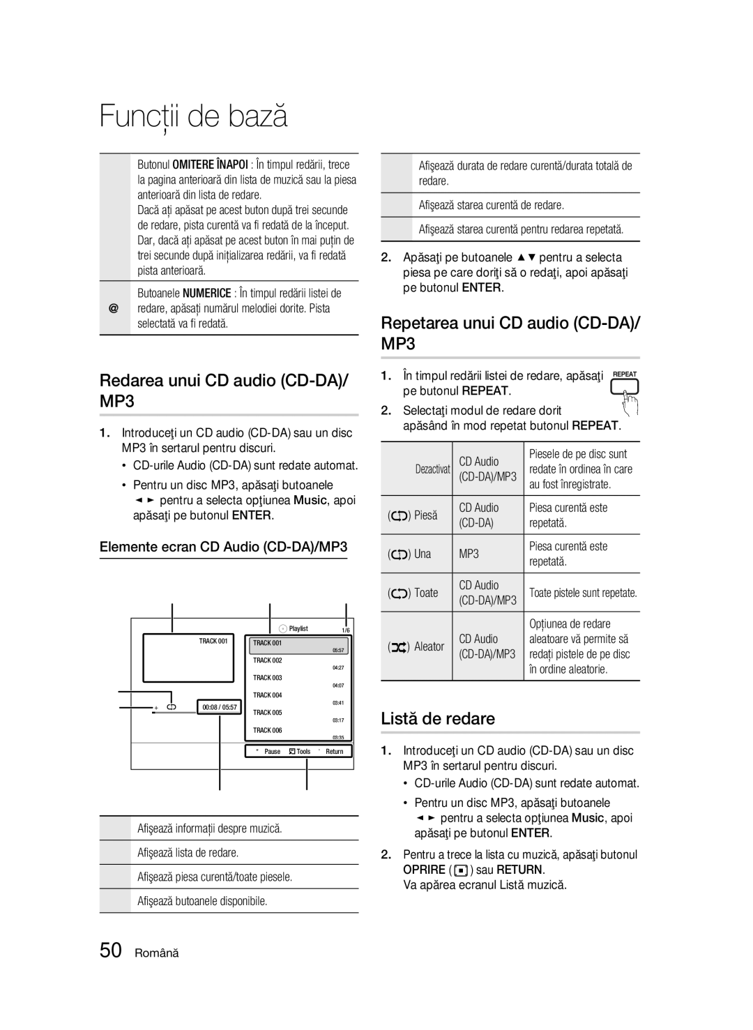 Samsung BD-C6900/EDC manual Redarea unui CD audio CD-DA/ MP3, Repetarea unui CD audio CD-DA/ MP3, Listă de redare 