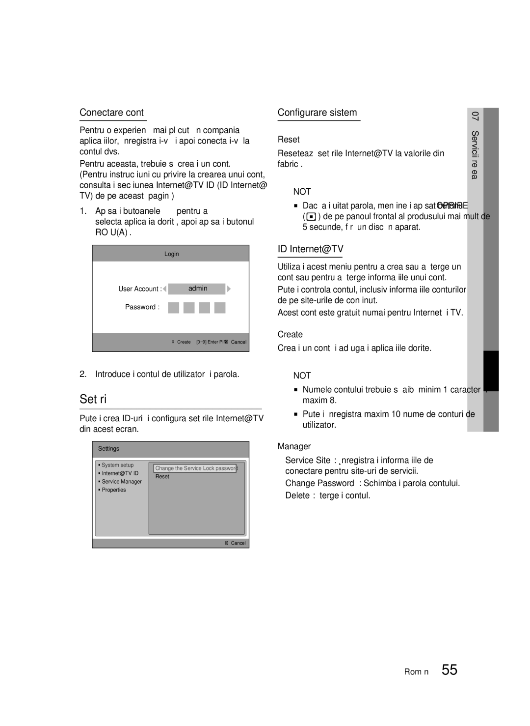 Samsung BD-C6900/EDC manual Setări, Conectare, Configurare sistem, ID Internet@TV 