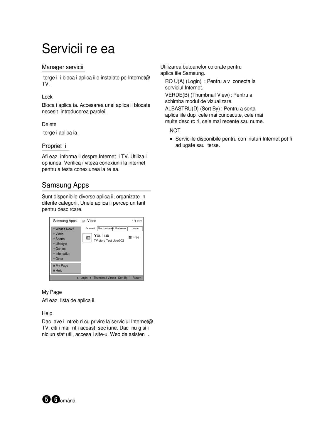 Samsung BD-C6900/EDC manual Manager servicii, Proprietăţi, Ştergeţi şi blocaţi aplicaţiile instalate pe Internet@ TV 