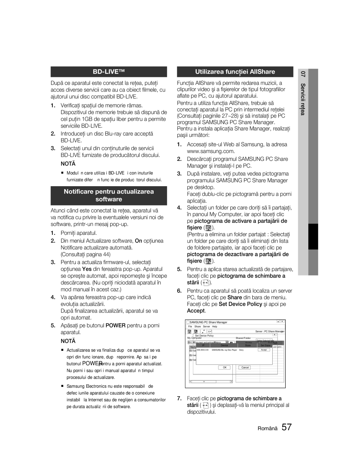 Samsung BD-C6900/EDC manual Notificare pentru actualizarea Software, Utilizarea funcţiei AllShare 