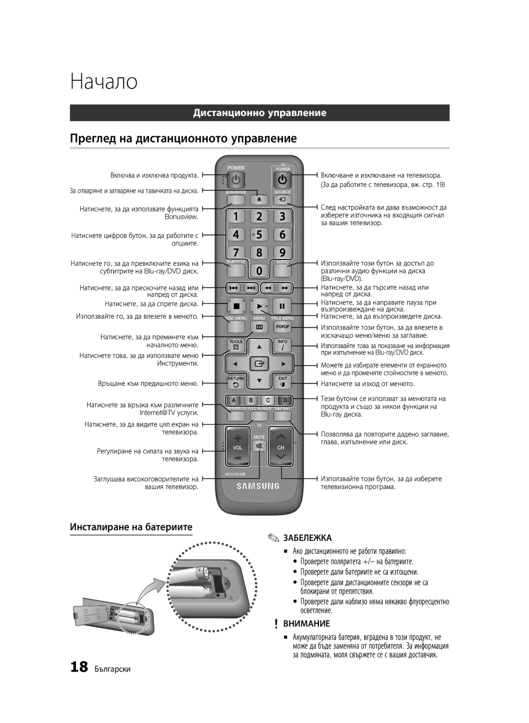 Samsung BD-C6900/EDC Преглед на дистанционното управление, Дистанционно управление, Инсталиране на батериите, Внимание 