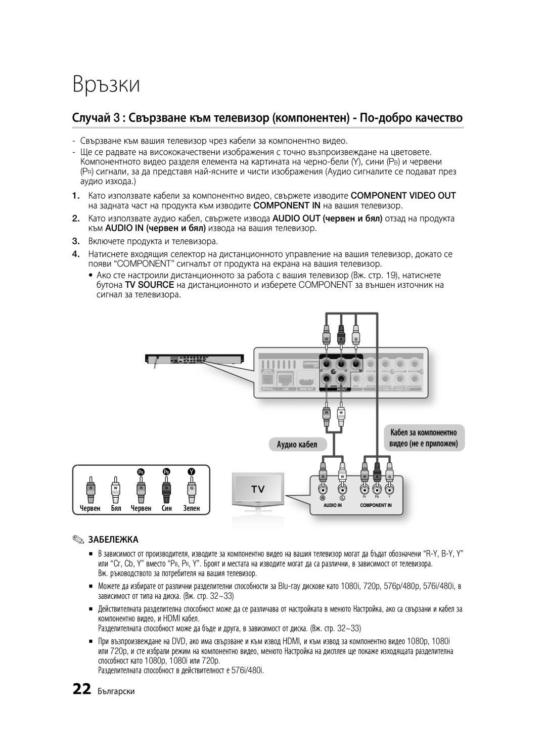 Samsung BD-C6900/EDC manual Вж. ръководството за потребителя на вашия телевизор, 22 Български, Червен Бял Червен Син Зелен 