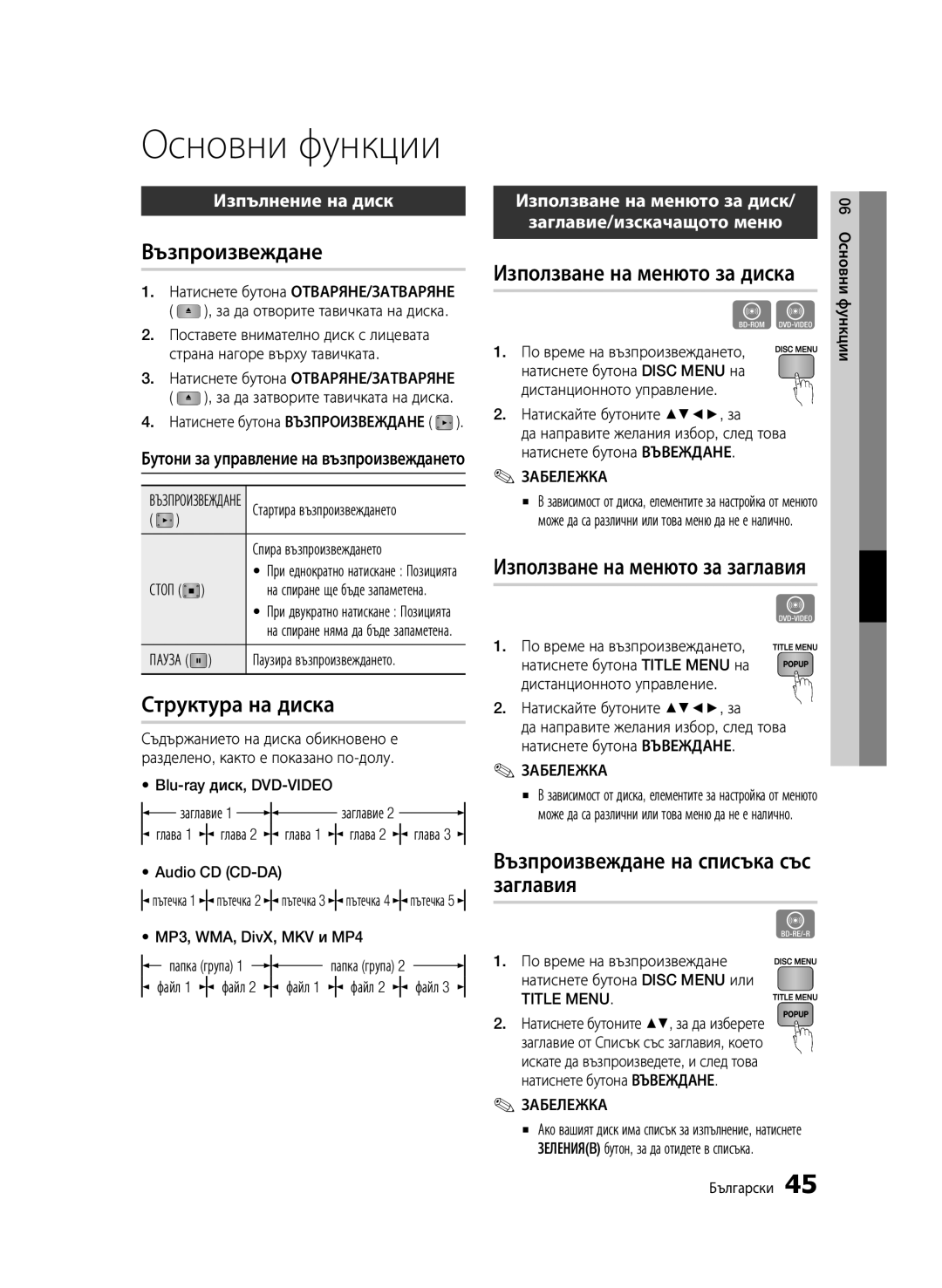 Samsung BD-C6900/EDC manual Основни функции, Възпроизвеждане, Структура на диска, Използване на менюто за диска 