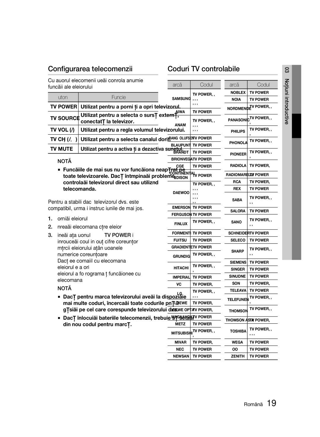 Samsung BD-C6900/EDC manual Configurarea telecomenzii, Coduri TV controlabile, Conectată la televizor, Marcă Codul 