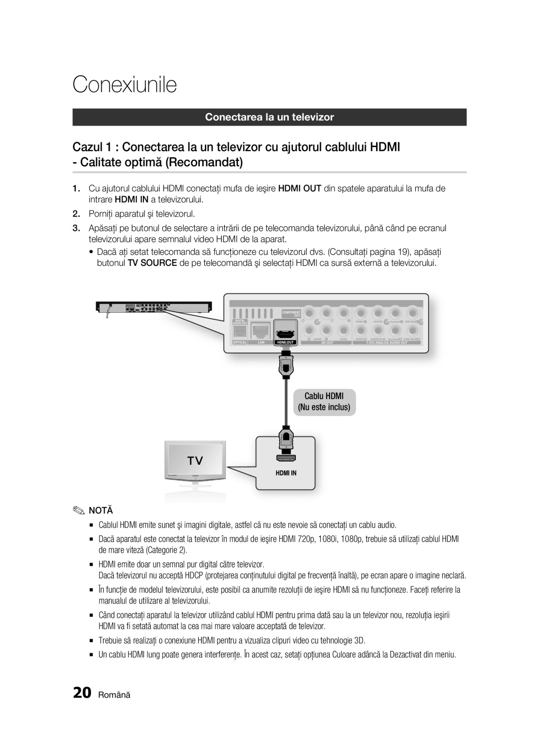 Samsung BD-C6900/EDC manual Conexiunile, Conectarea la un televizor, Cablu Hdmi Nu este inclus, 20 Română 