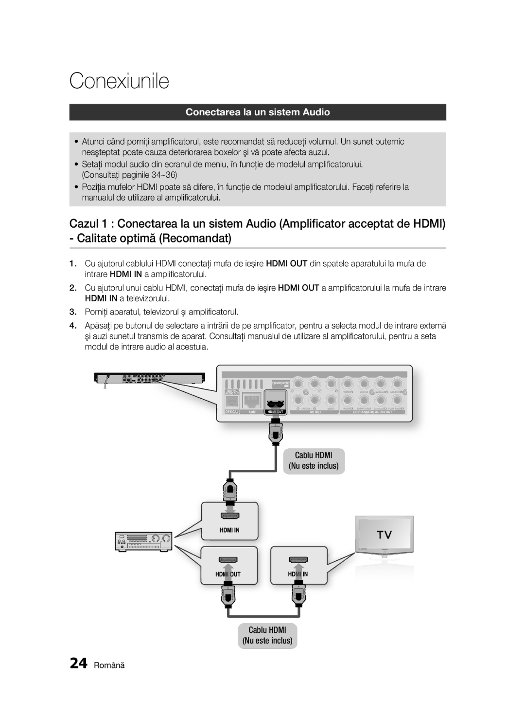 Samsung BD-C6900/EDC manual Conectarea la un sistem Audio, 24 Română 