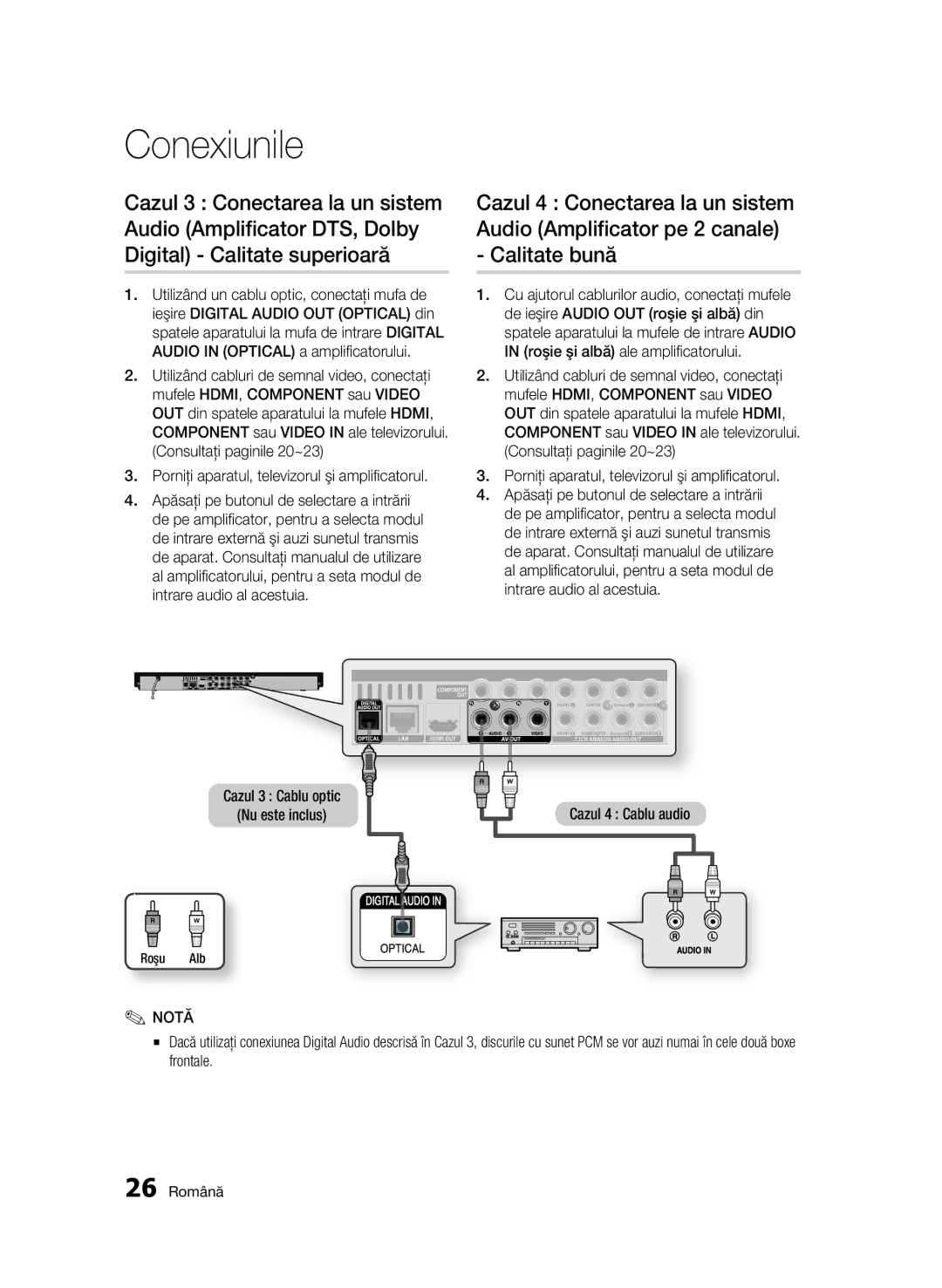 Samsung BD-C6900/EDC manual Cazul 3 Cablu optic Nu este inclus, Cazul 4 Cablu audio, 26 Română 