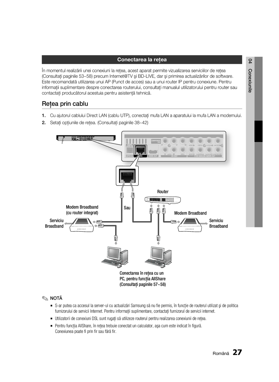 Samsung BD-C6900/EDC Reţea prin cablu, Conectarea la reţea, Setaţi opţiunile de reţea. Consultaţi paginile 38~42 Router 