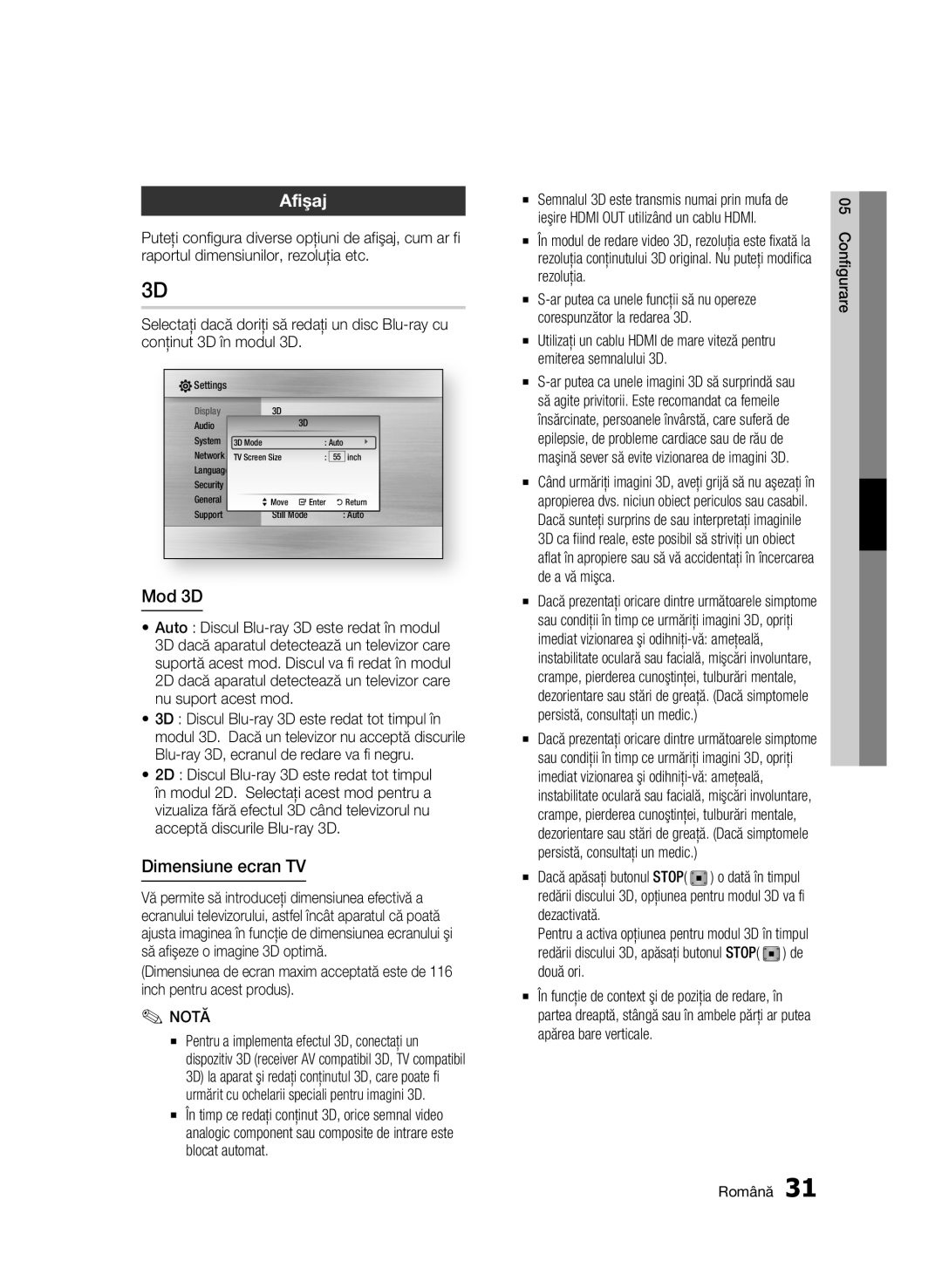 Samsung BD-C6900/EDC manual Afişaj, Mod 3D, Dimensiune ecran TV 