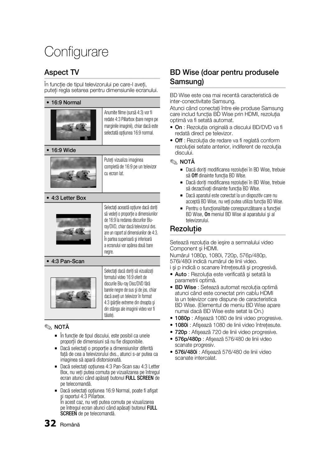 Samsung BD-C6900/EDC manual Aspect TV, BD Wise doar pentru produsele Samsung, Rezoluţie, 32 Română 