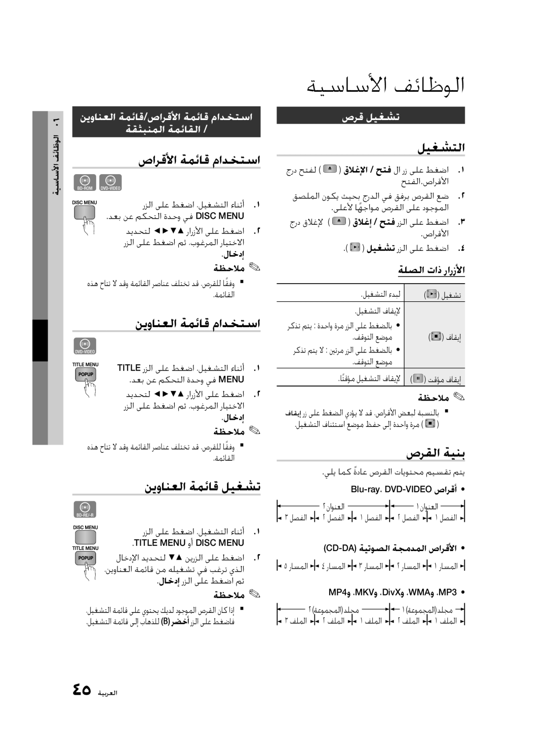 Samsung BD-C6900/LAG, BD-C6900/MEA, BD-C6900/HAC, BD-C6900/AFR, BD-C6900/OT, BD-C6900/SAH, BD-C6900/UMG manual ةيساسلأا فئاظولا 