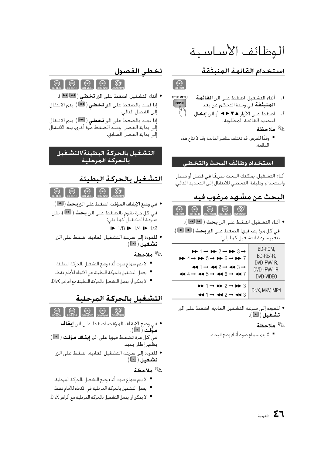 Samsung BD-C6900/HAC, BD-C6900/OT لوصفلا يطخت, ةئيطبلا ةكرحلاب ليغشتلا, ةيلحرملا ةكرحلاب ليغشتلا, ةقثبنملا ةمئاقلا مادختسا 