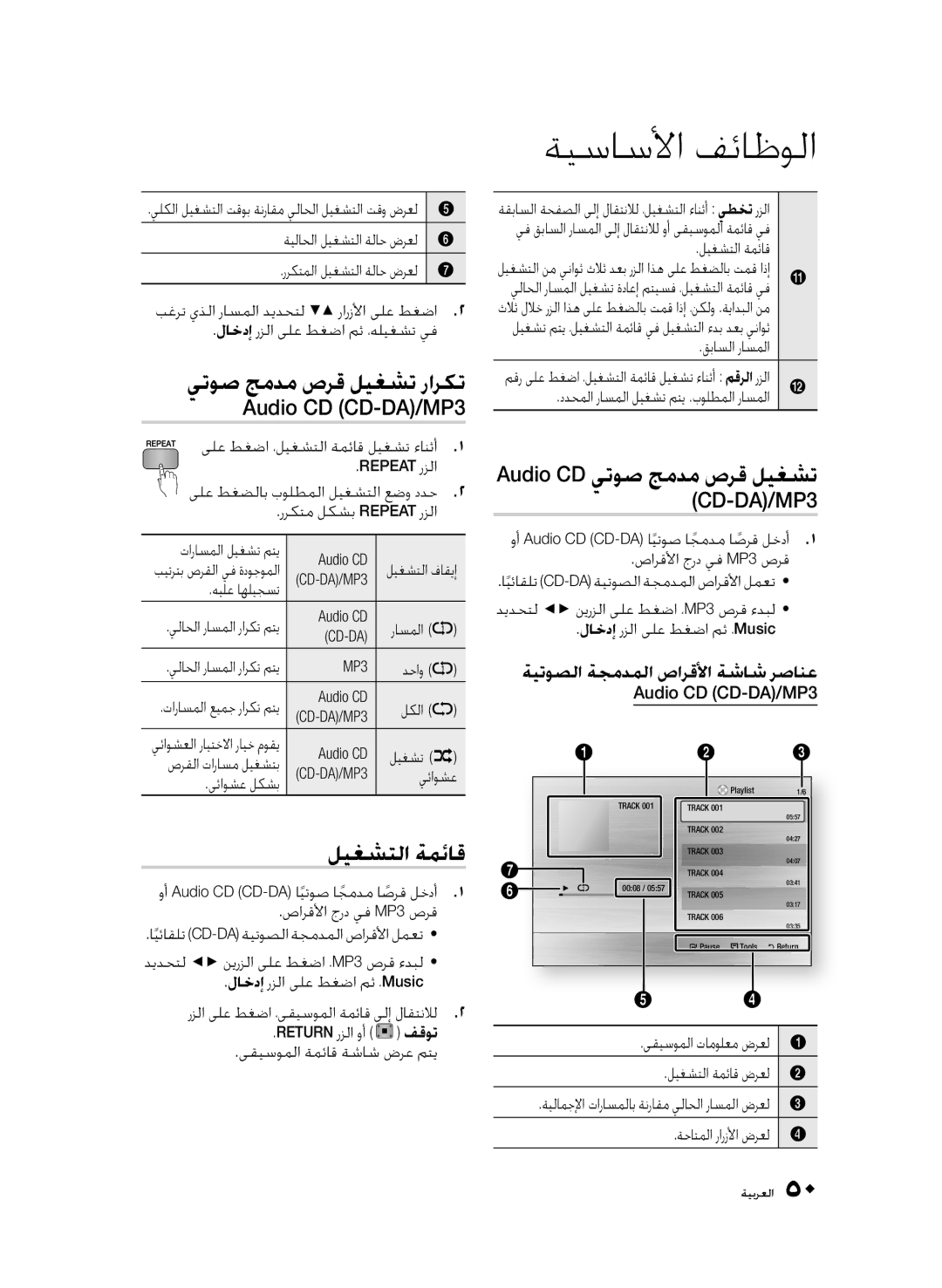 Samsung BD-C6900/UMG, BD-C6900/MEA, BD-C6900/LAG manual ليغشتلا ةمئاق, ةيتوصلا ةجمدملا صارقلأا ةشاش رصانع Audio CD CD-DA/MP3 