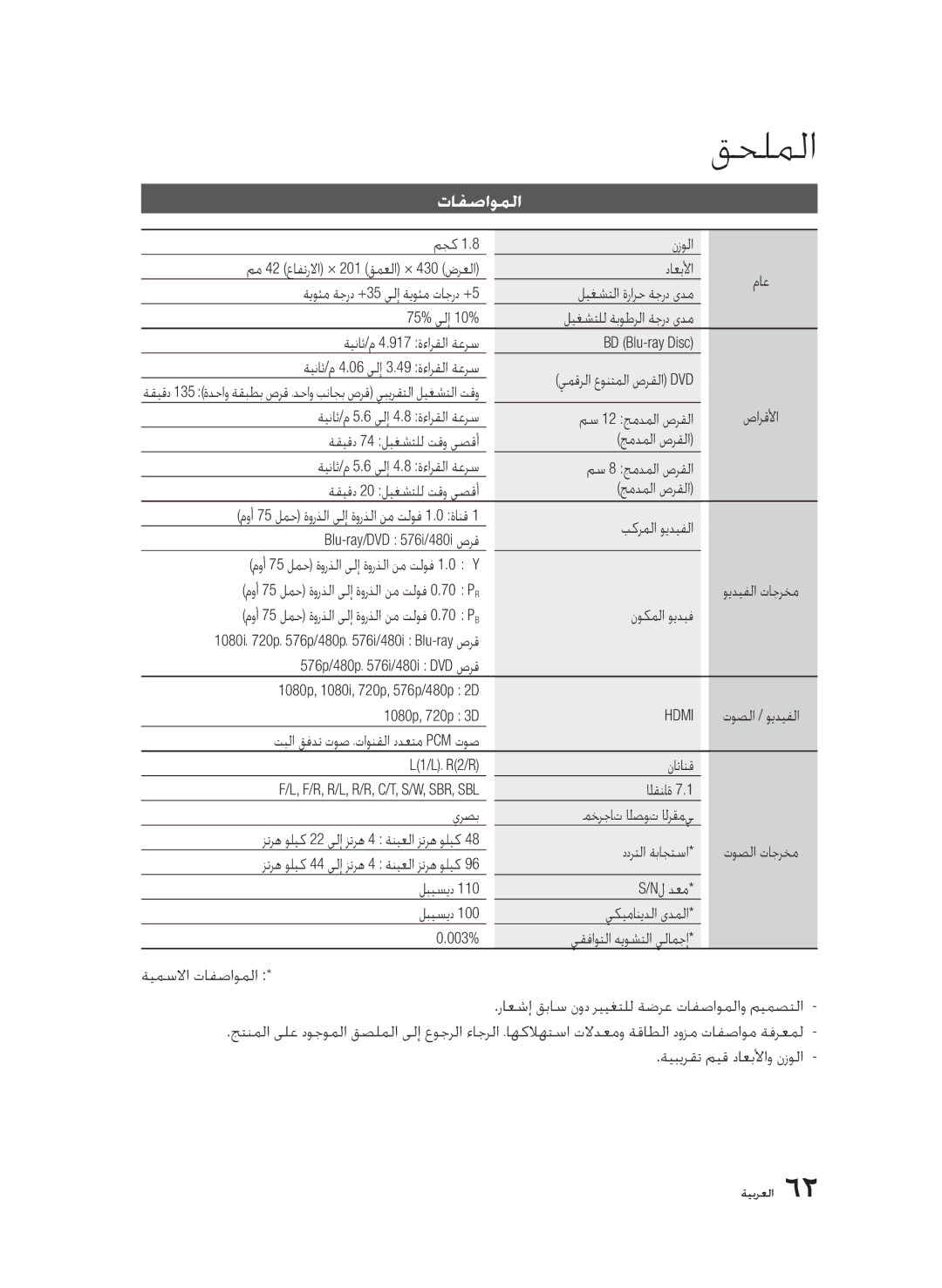 Samsung BD-C6900/OT, BD-C6900/MEA, BD-C6900/LAG manual تافصاوملا, مجك نزولا مم 42 عافترلاا × 201 قمعلا × 430 ضرعلا داعبلأا 