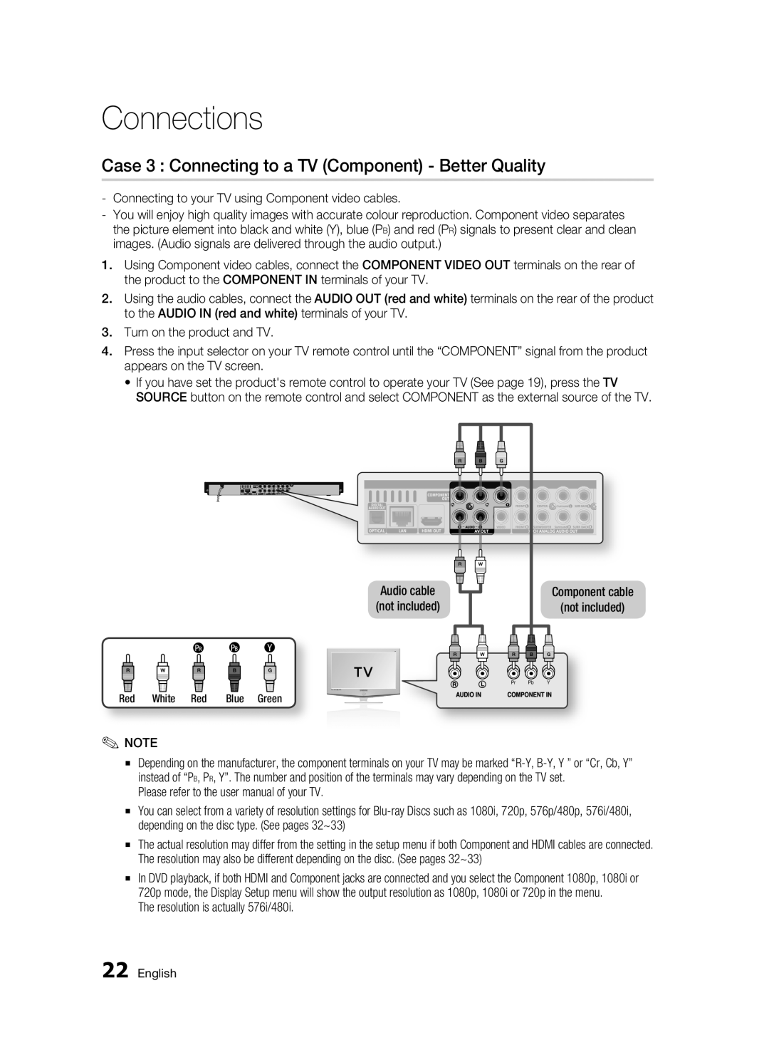 Samsung BD-C6900/LAG, BD-C6900/MEA manual Case 3 Connecting to a TV Component Better Quality, Component cable Not included 