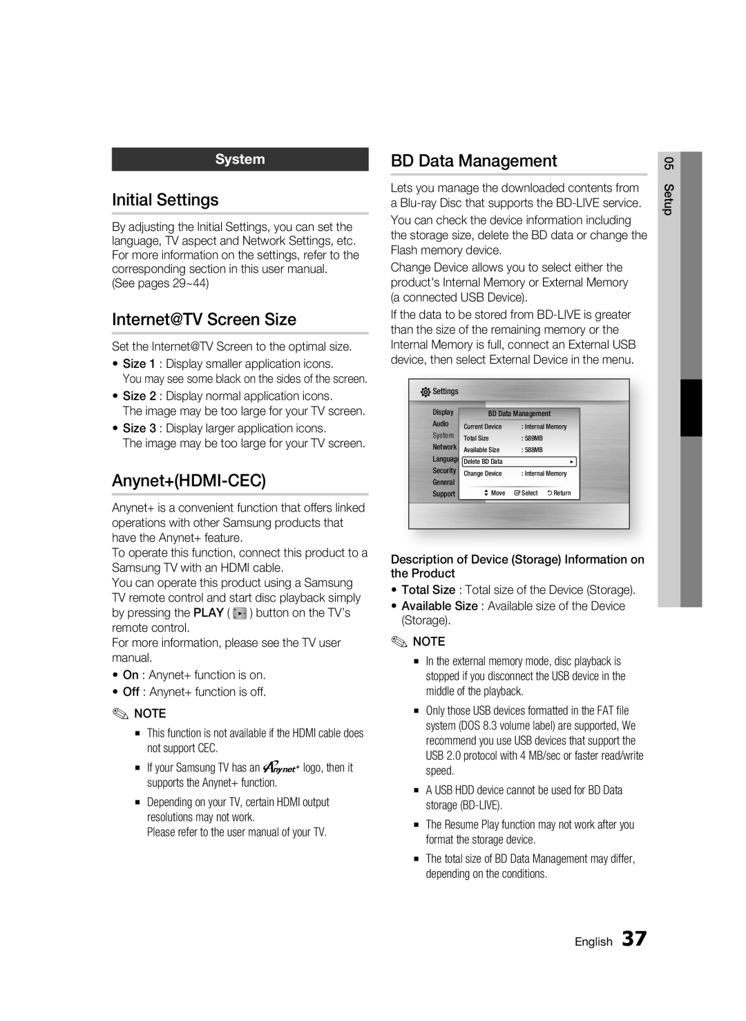 Samsung BD-C6900/HAC, BD-C6900/MEA Initial Settings, Internet@TV Screen Size, Anynet+HDMI-CEC, BD Data Management, System 