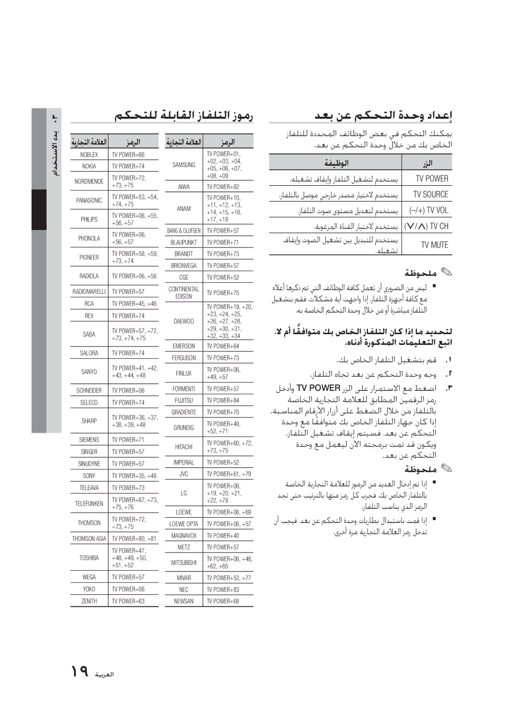 Samsung BD-C6900/AFR, BD-C6900/MEA, BD-C6900/LAG, BD-C6900/HAC manual مكحتلل ةلباقلا زافلتلا زومر دعب نع مكحتلا ةدحو دادعإ 