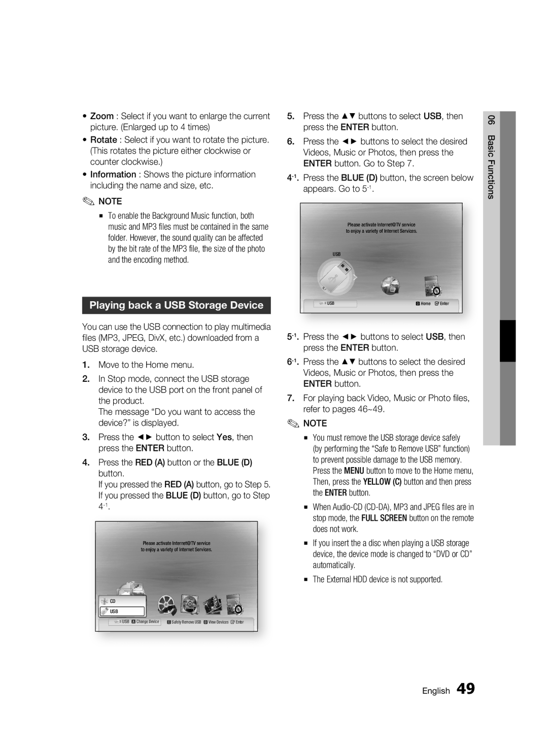 Samsung BD-C6900/SAM, BD-C6900/MEA manual Playing back a USB Storage Device, External HDD device is not supported 