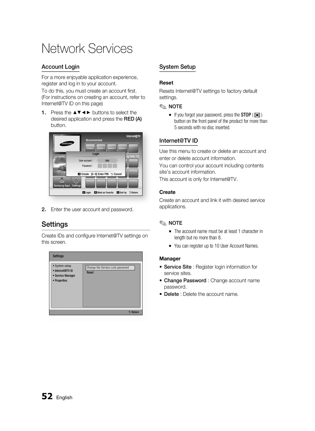 Samsung BD-C6900/MEA, BD-C6900/SAM manual Settings, Account Login, System Setup, Internet@TV ID 