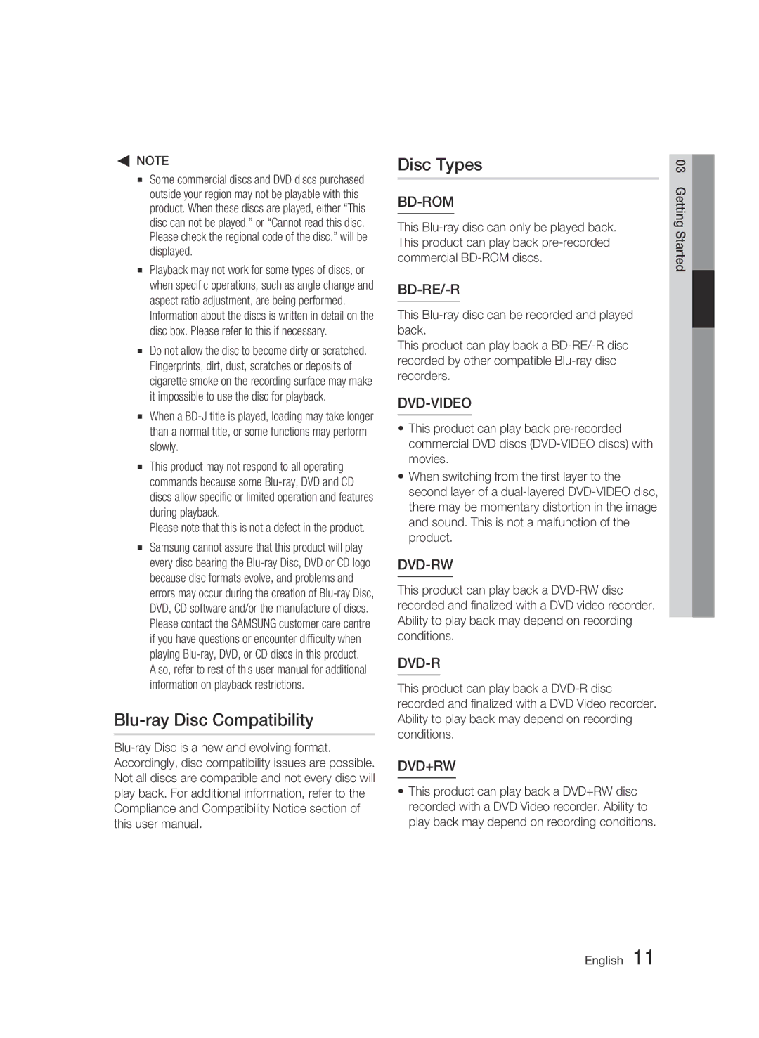 Samsung BD-C6900/XER, BD-C6900P/XER manual Blu-ray Disc Compatibility Disc Types, Getting Started English 