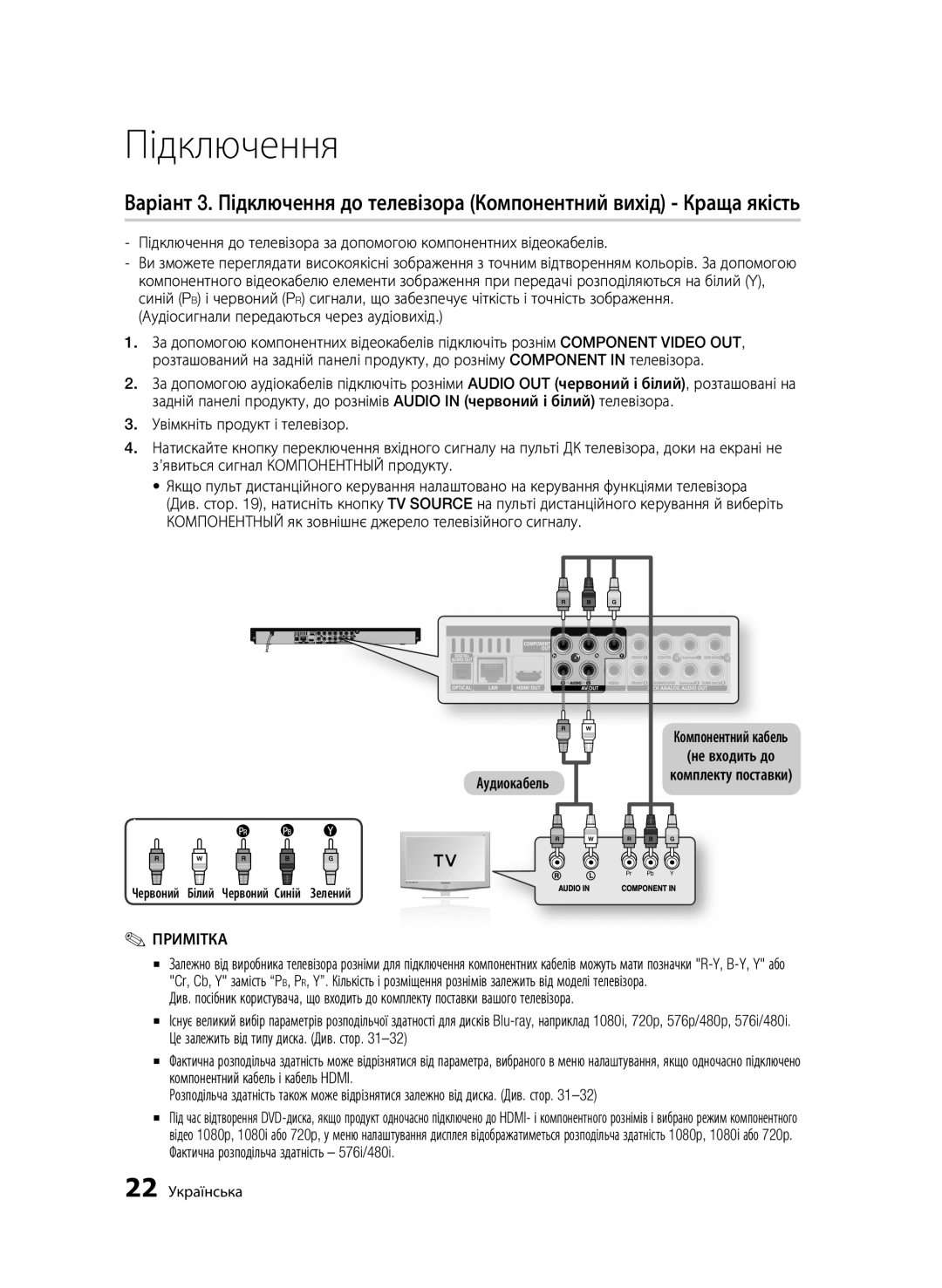 Samsung BD-C6900/XER manual Аудіосигнали передаються через аудіовихід, 22 Українська, Червоний Білий Червоний Синій Зелений 