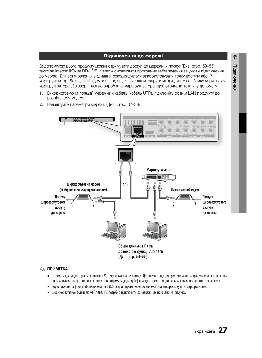 Samsung BD-C6900P/XER, BD-C6900/XER manual Підключення до мережі, Широкосмуговий модем 